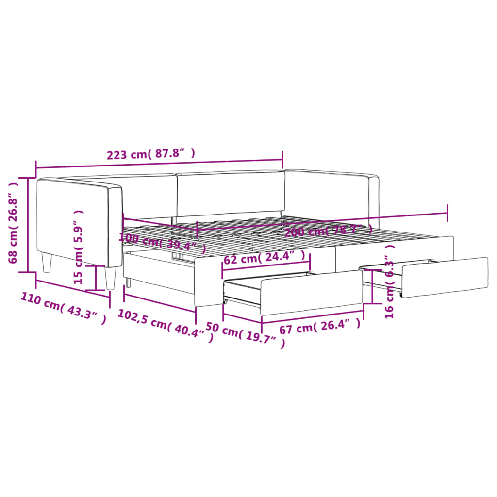 vidaXL Канапе с изтеглящо легло и чекмеджета черно 100x200 см плат