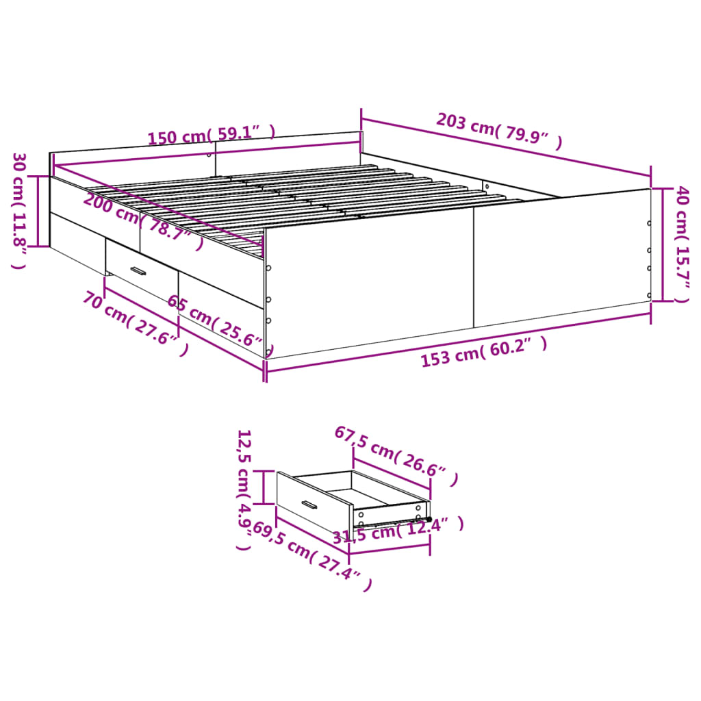 vidaXL Рамка за легло с чекмедже дъб сонома 150x200 см инженерно дърво