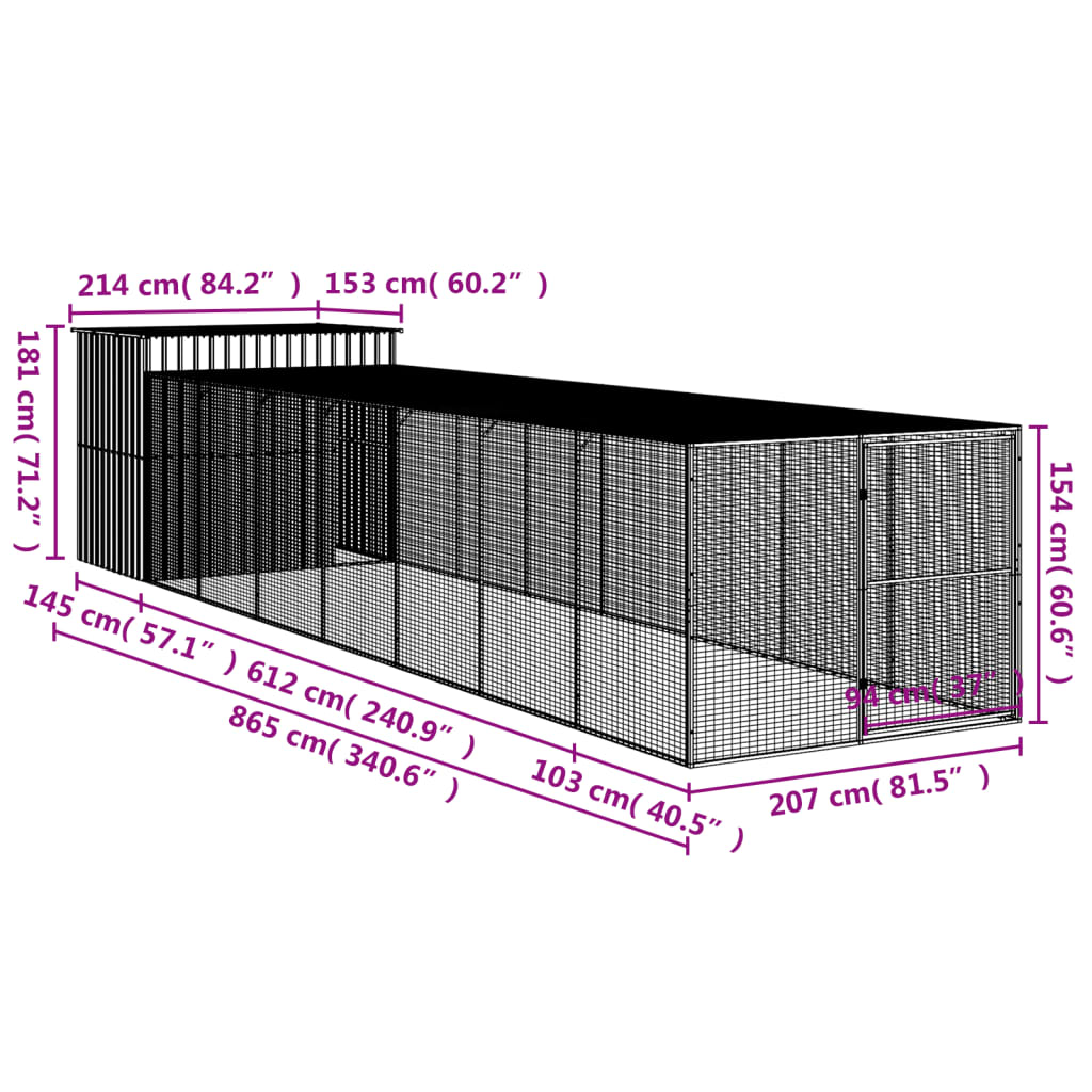 vidaXL Кучешка къща с волиера, 214x865x181 см, поцинкована стомана