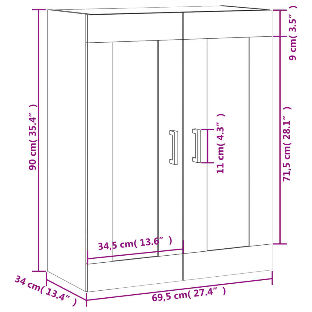 vidaXL Стенен шкаф бял гланц 69,5x34x90 см инженерно дърво