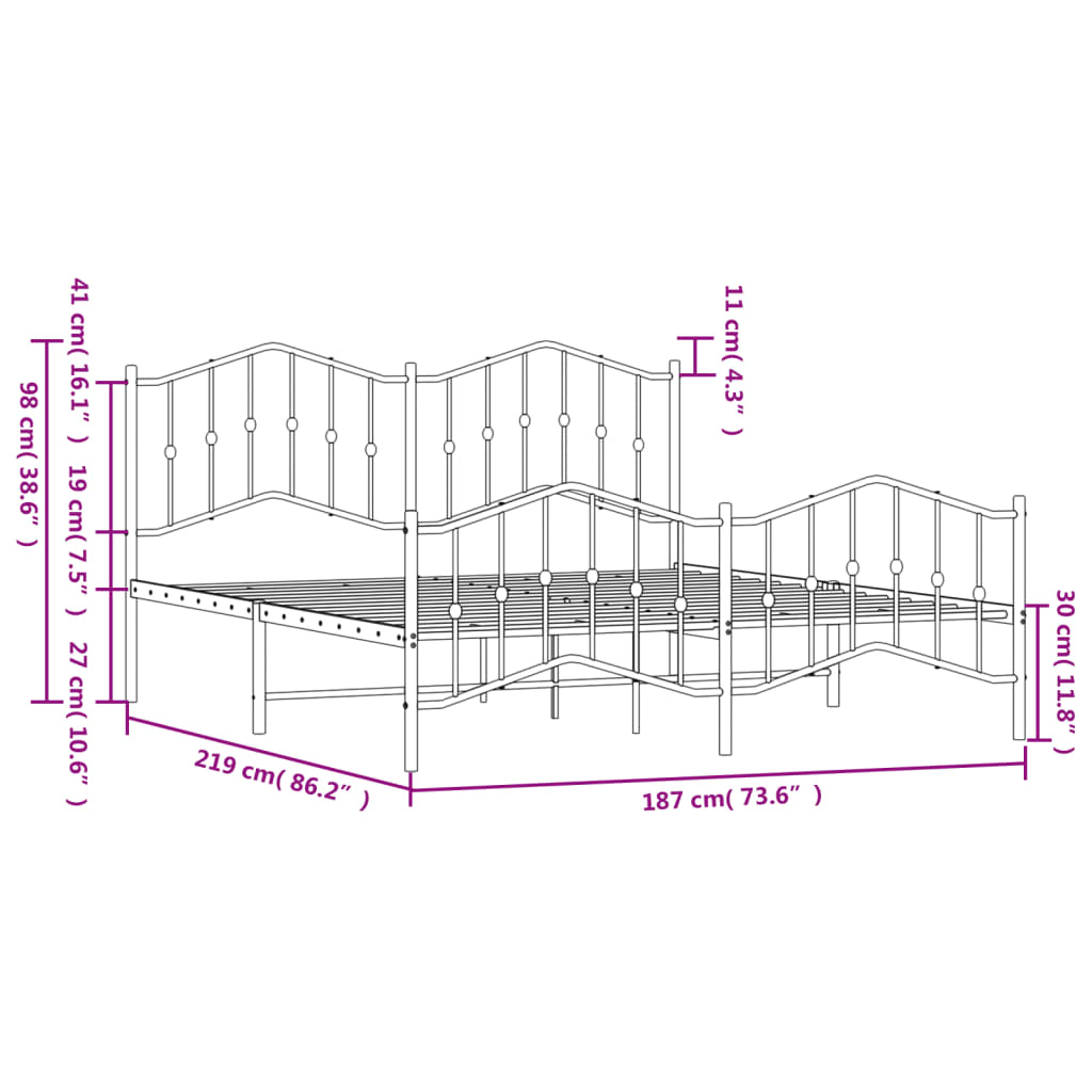 vidaXL Метална рамка за легло с горна и долна табла, бяла, 183x213 см
