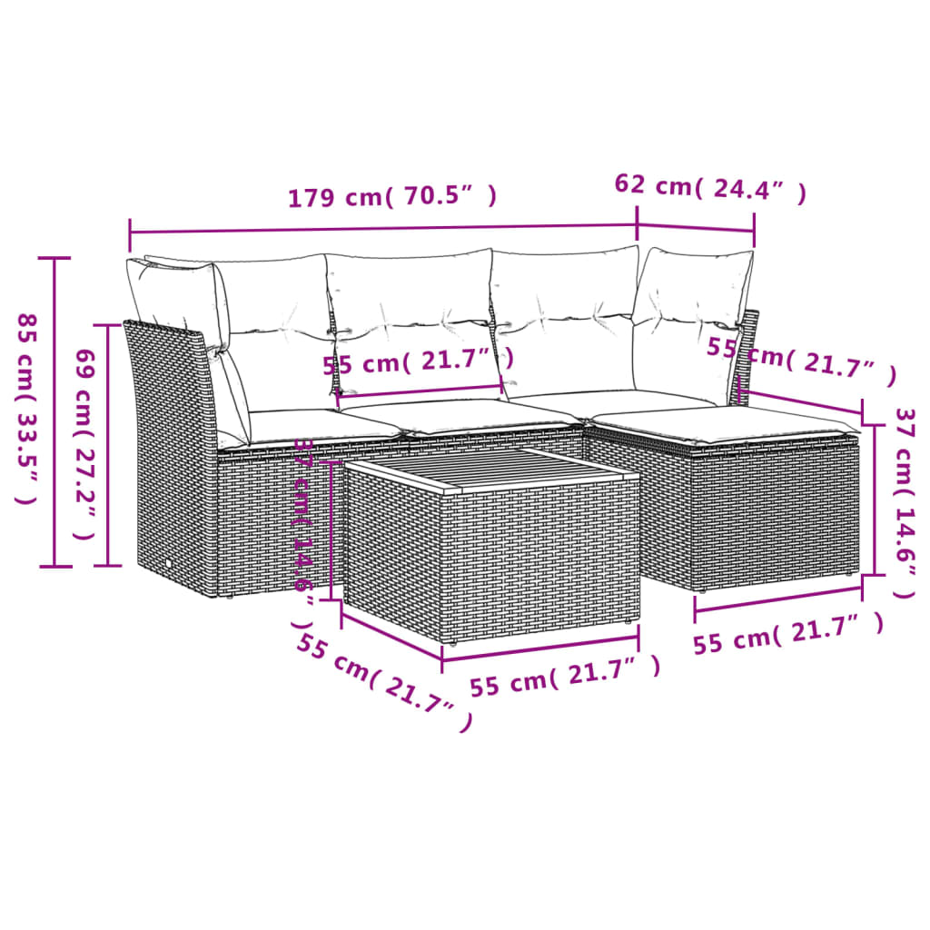 vidaXL Градински комплект с възглавници, 5 части, сив полиратан
