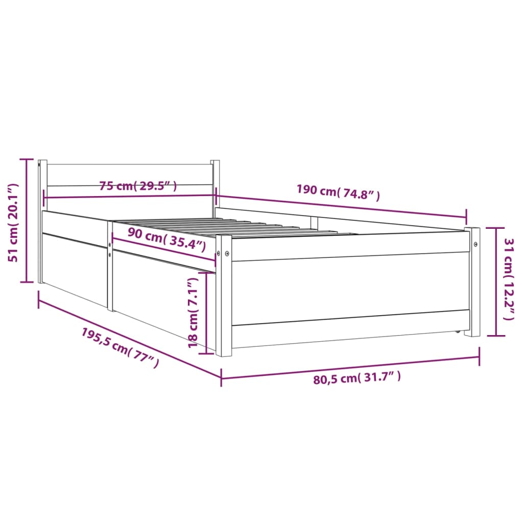 vidaXL Рамка за легло с чекмеджета 75x190 см 2FT6 Small Single