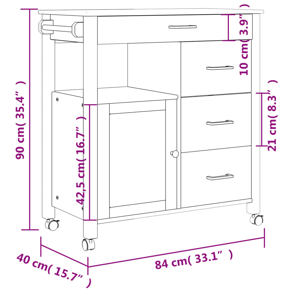 vidaXL Кухненска количка "MONZA" 84x40x90 см борово дърво масив