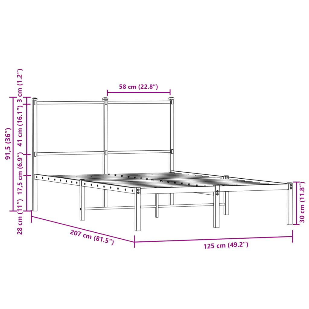 vidaXL Метална рамка за легло с горна табла, кафяв дъб, 120x200 см