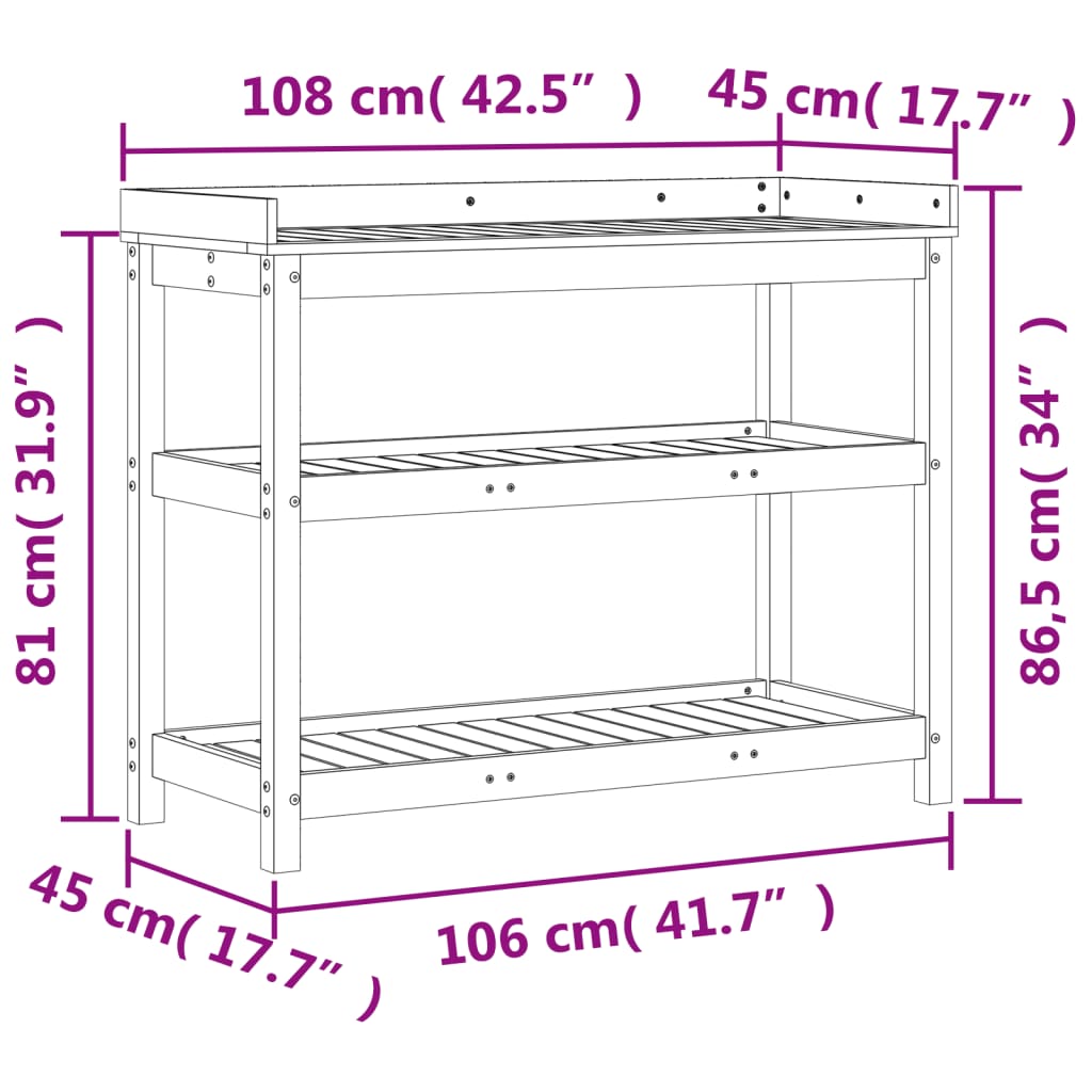 vidaXL Маса за разсаждане с рафтове, 108x45x86,5 см, бор масив