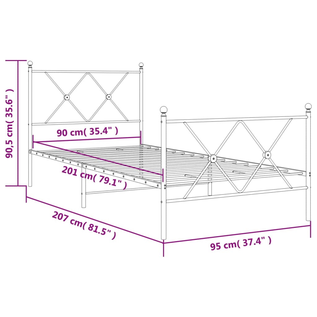 vidaXL Метална рамка за легло с горна и долна табла, бяла, 90x200 см