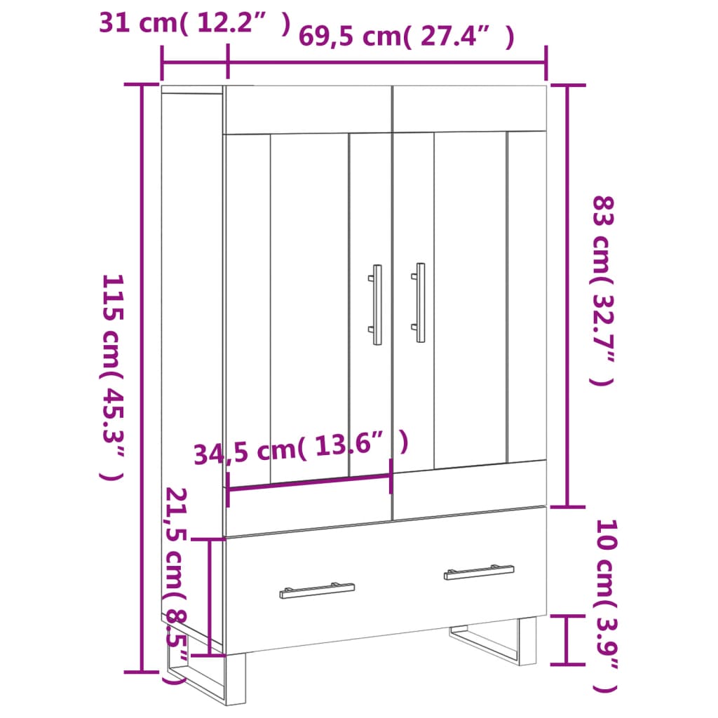 vidaXL Висок шкаф, кафяв дъб, 69,5x31x115 см, инженерно дърво