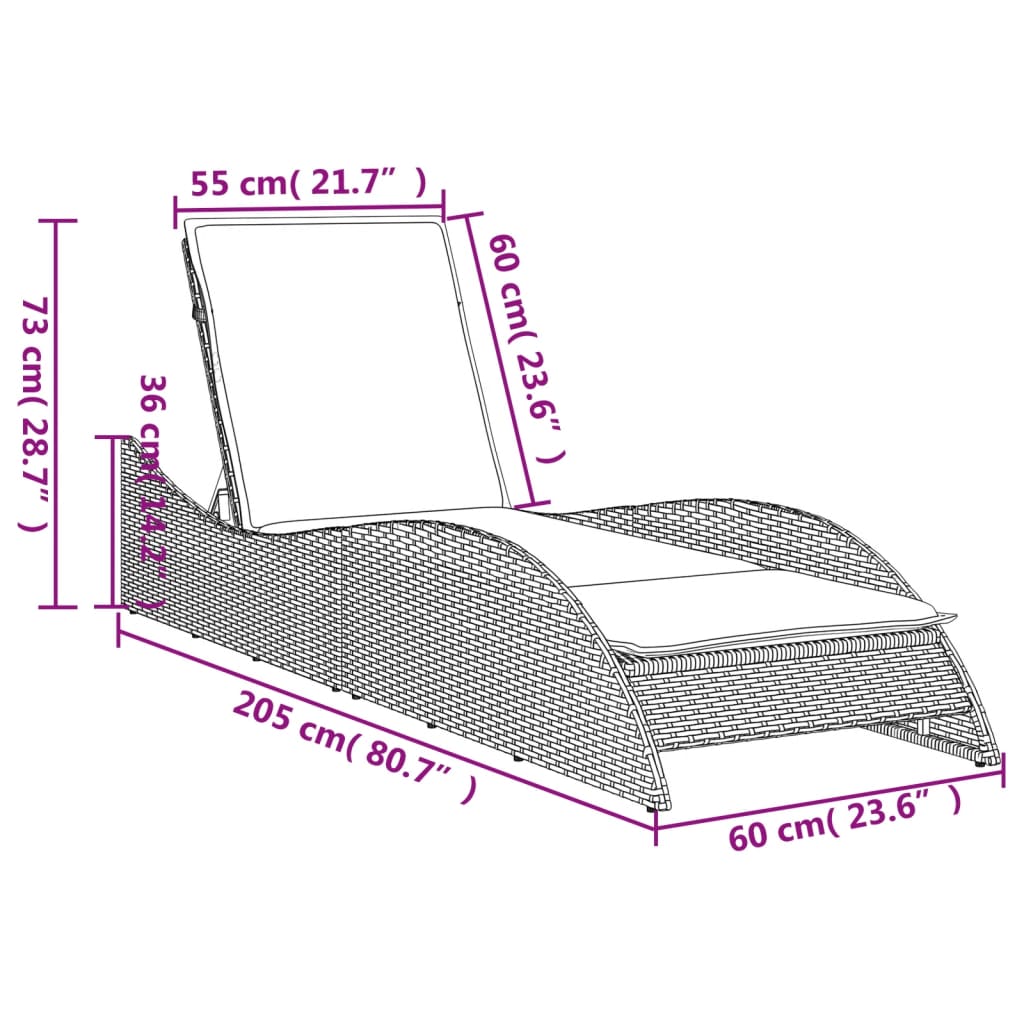 vidaXL Шезлонг с възглавница, черен, 60x205x73 см, полиратан