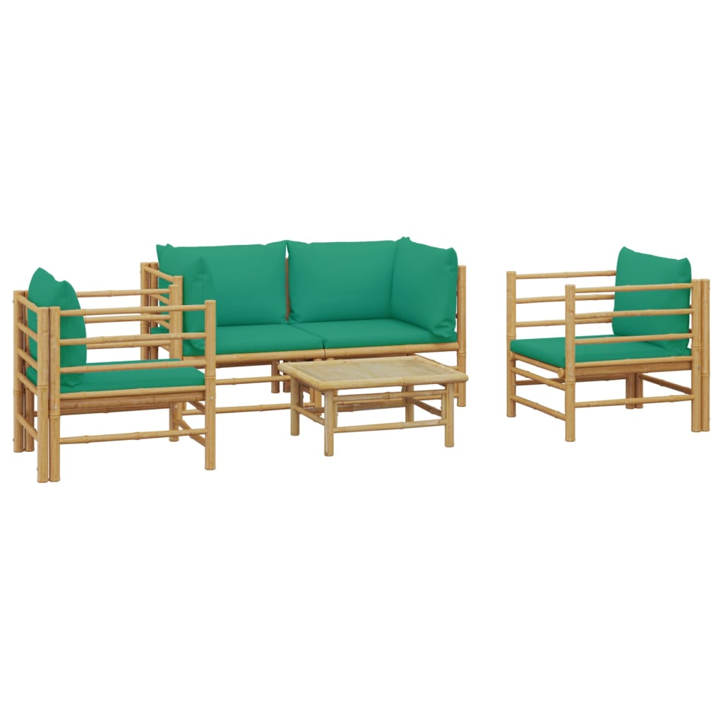 vidaXL Градински лаундж комплект, 5 части, зелени възглавници, бамбук