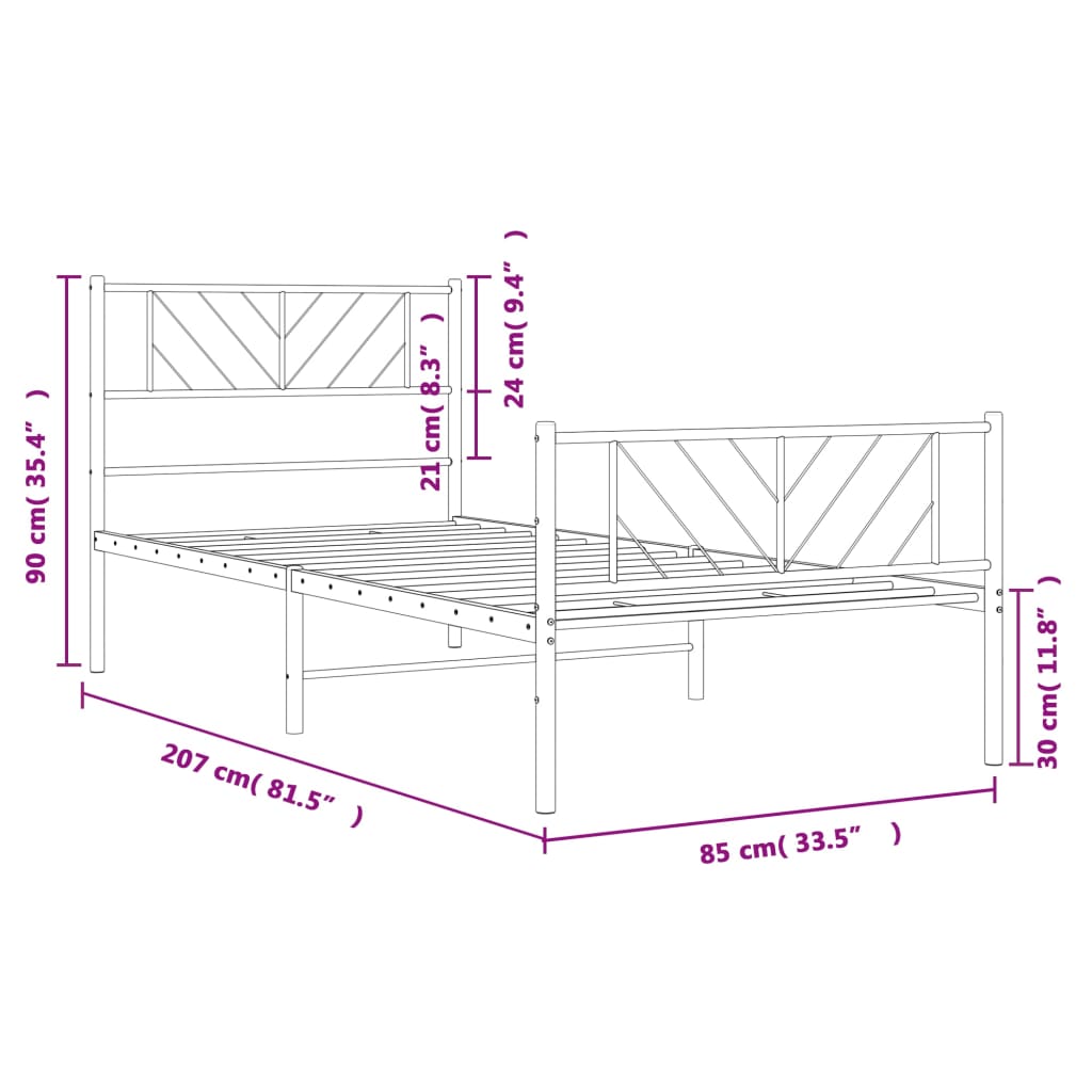 vidaXL Метална рамка за легло с горна и долна табла, бяла, 80x200 см