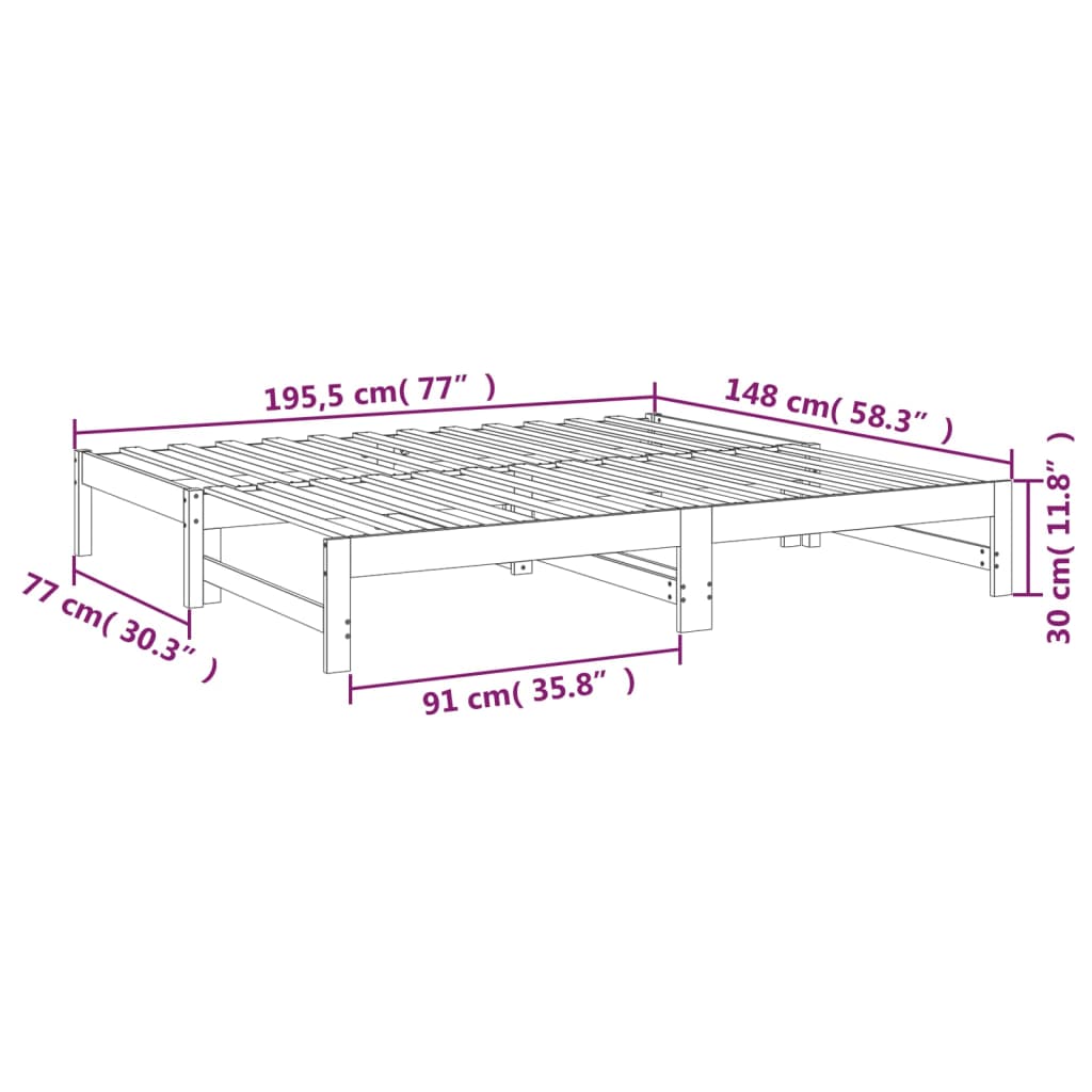 vidaXL Разтегателно дневно легло, черно, 2x(75x190) см, бор масив