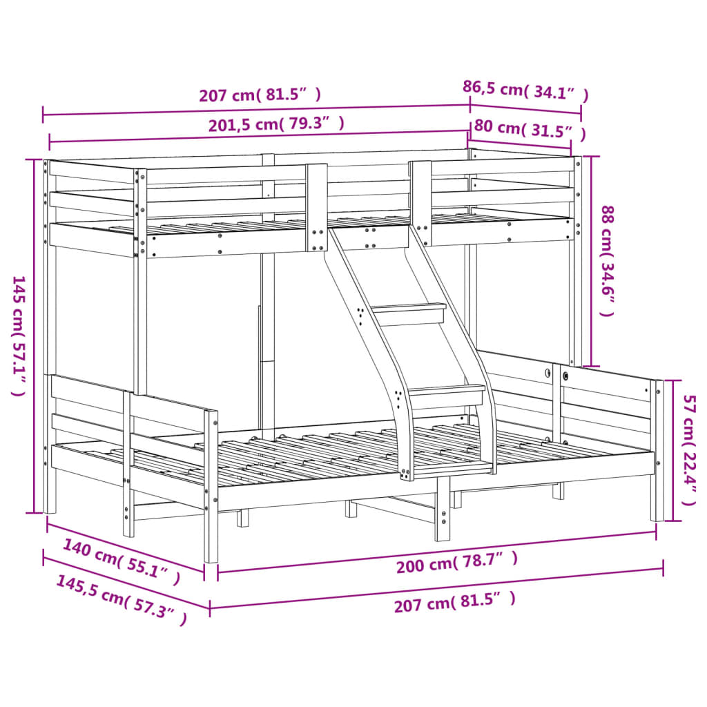 vidaXL Двуетажно легло, 80x200/140x200 см, бяло, борово дърво масив