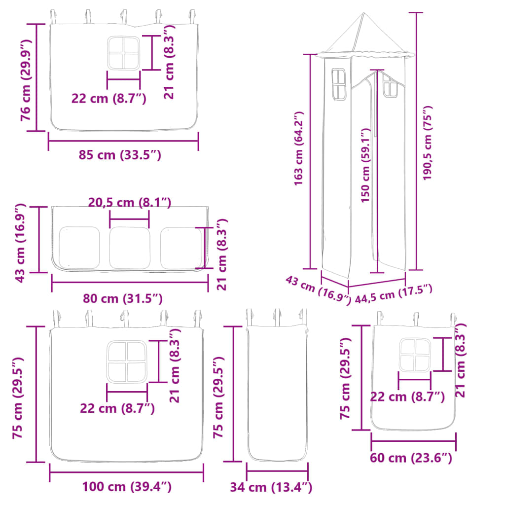 vidaXL Двуетажно легло с пързалка и завеси, бяло и черно, 90x190 см