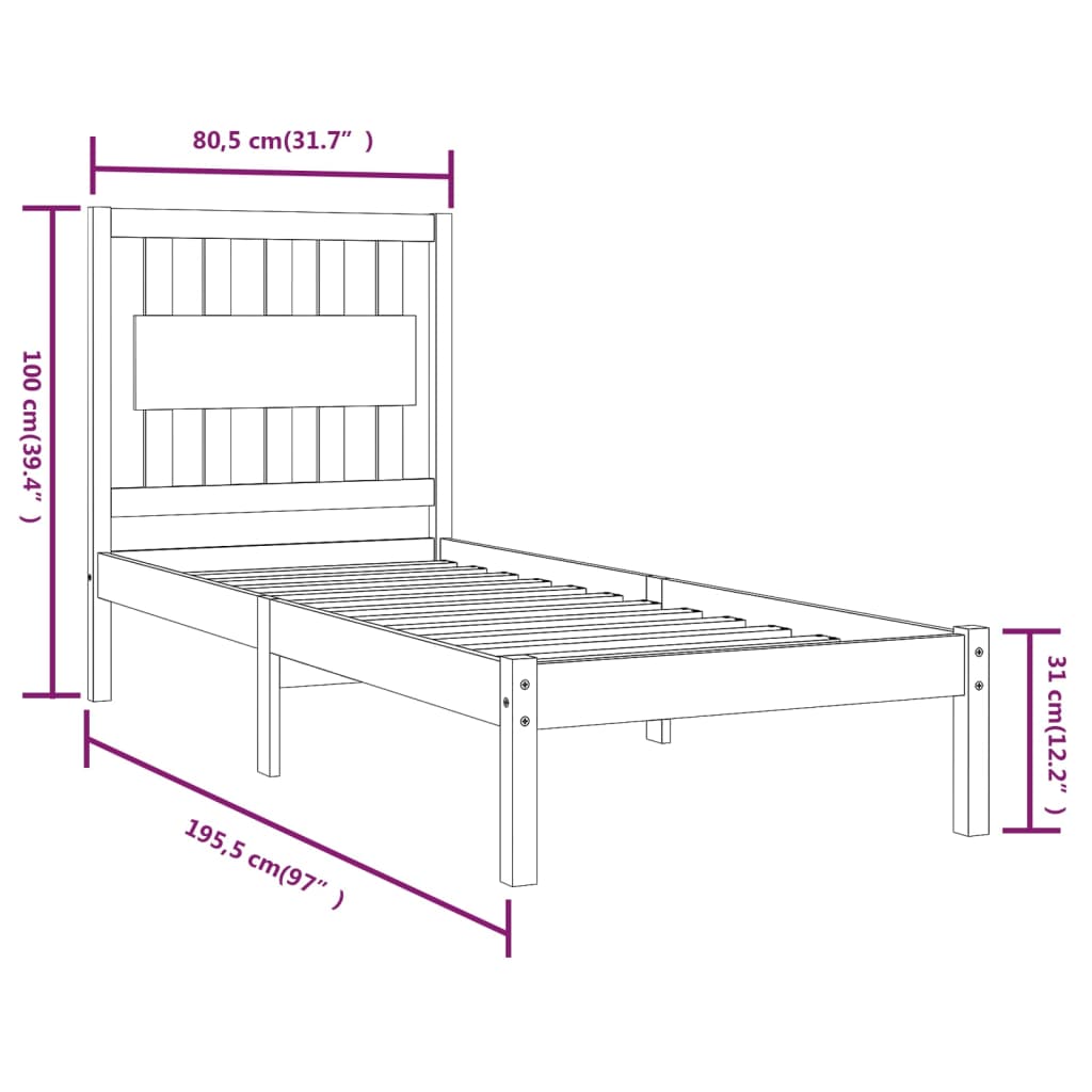 vidaXL Рамка за легло кафява бор масив 75x190 см 2FT6 Small Single