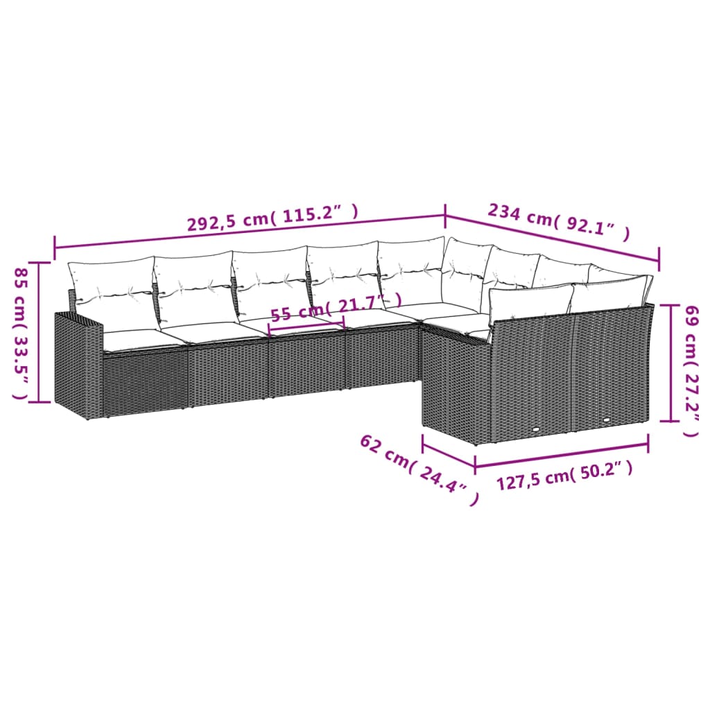 vidaXL Градински комплект диван с възглавници 9 части бежов полиратан