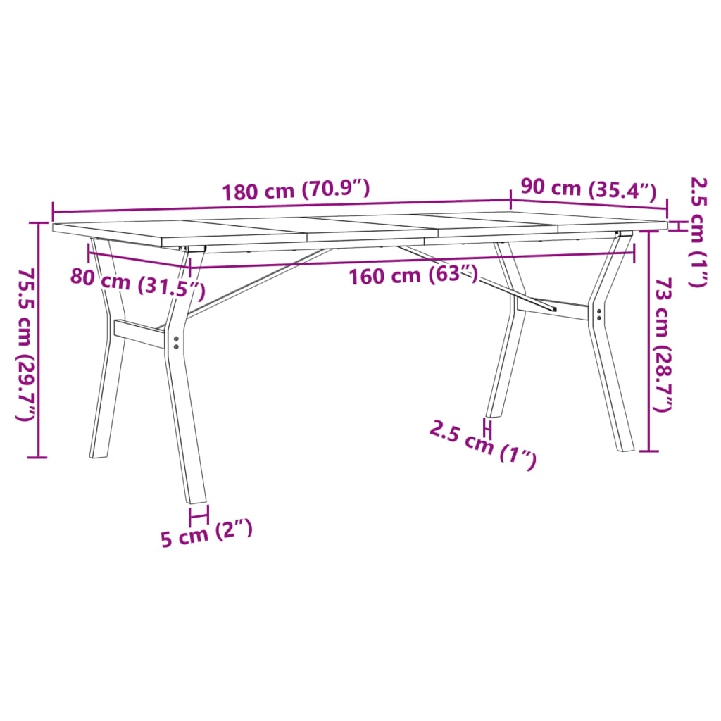 vidaXL Трапезна маса Y-образна рамка 180x90x75,5 см бор масив и чугун