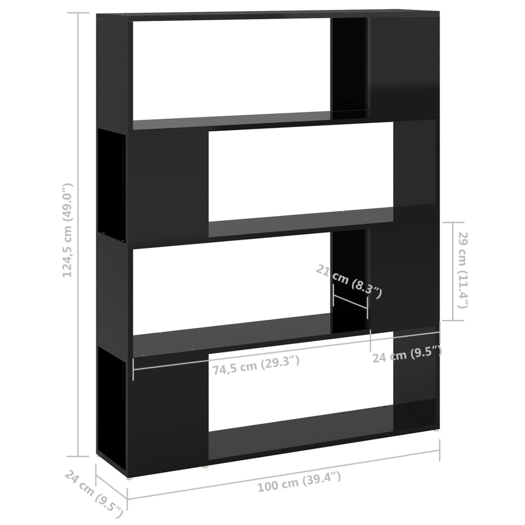 vidaXL Библиотека/разделител за стая, черен гланц, 100x24x124 см