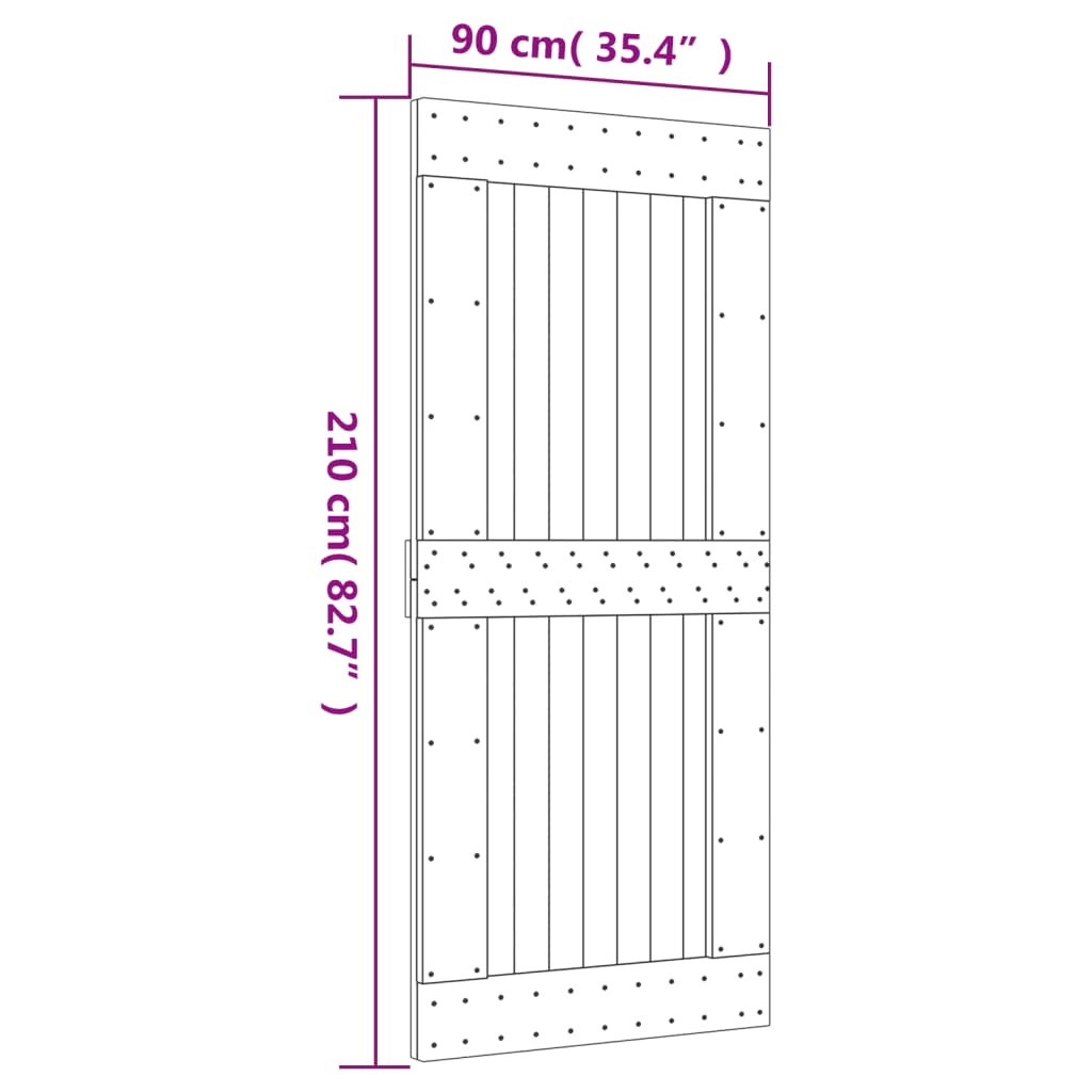 vidaXL Плъзгаща врата с монтажни части, 90x210 см, борово дърво масив