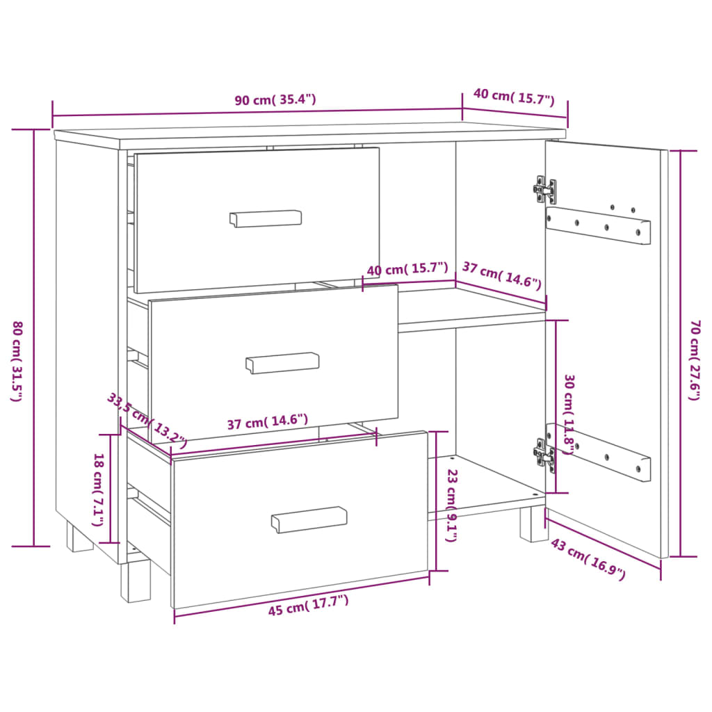 vidaXL Сайдборд HAMAR, меденокафяво, 90x40x80 см, борово дърво масив