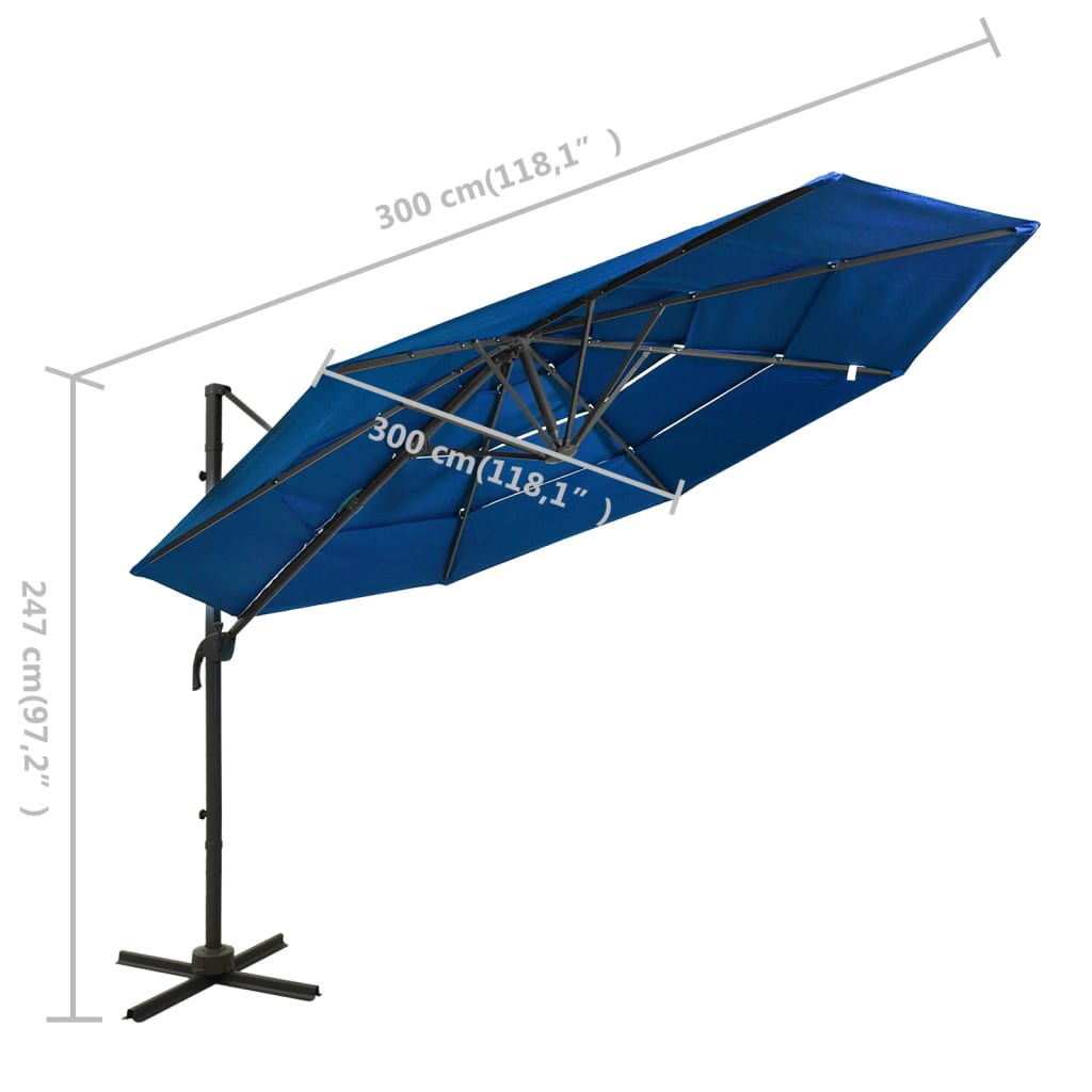 vidaXL Градински чадър на 4 нива с алуминиев прът, лазурносин, 3x3 м