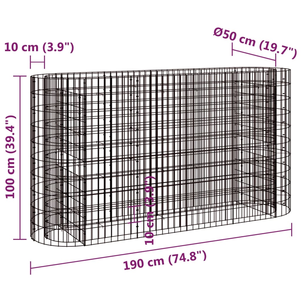 vidaXL Габион повдигната леха, поцинковано желязо, 190x50x100 cм