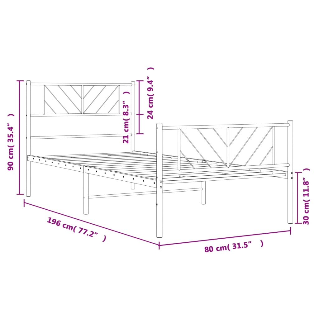 vidaXL Метална рамка за легло с горна и долна табла, бяла, 75x190 см