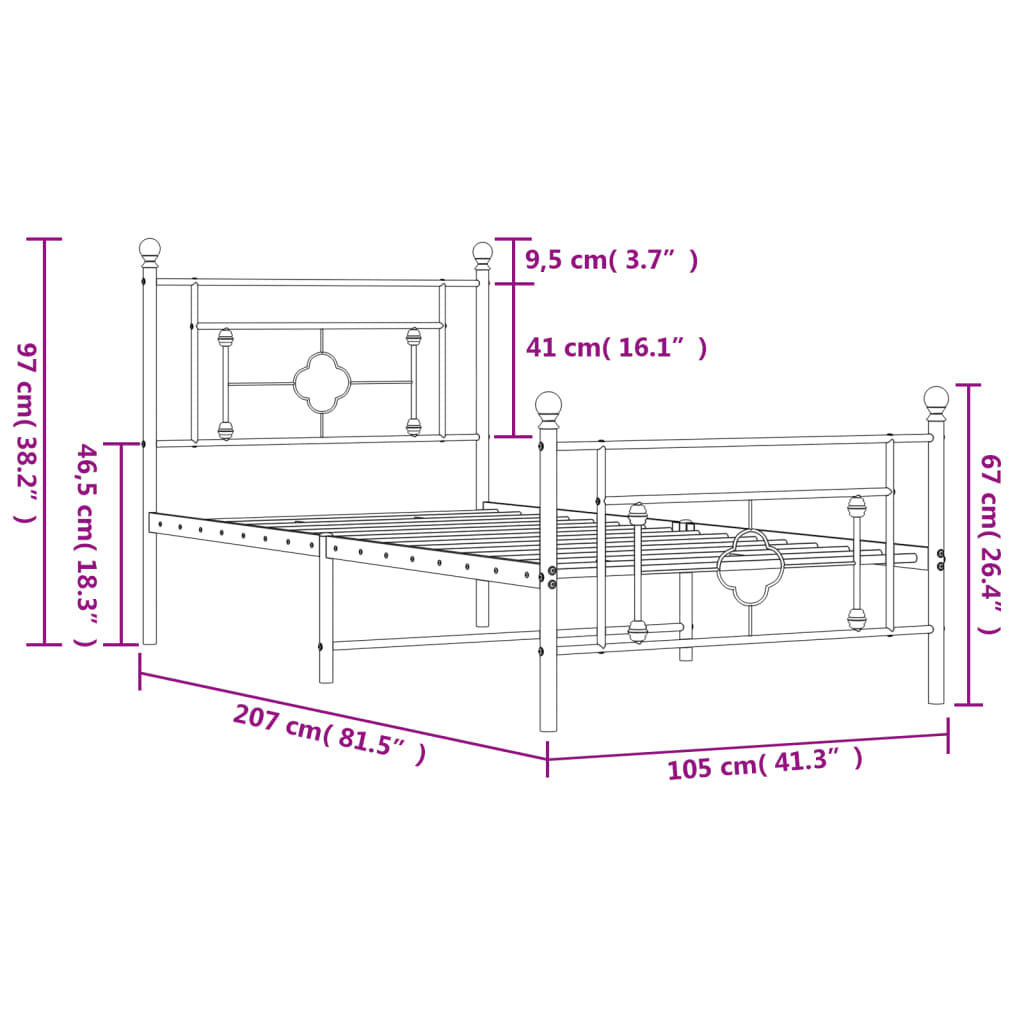 vidaXL Метална рамка за легло с горна и долна табла, бяла, 100x200 см