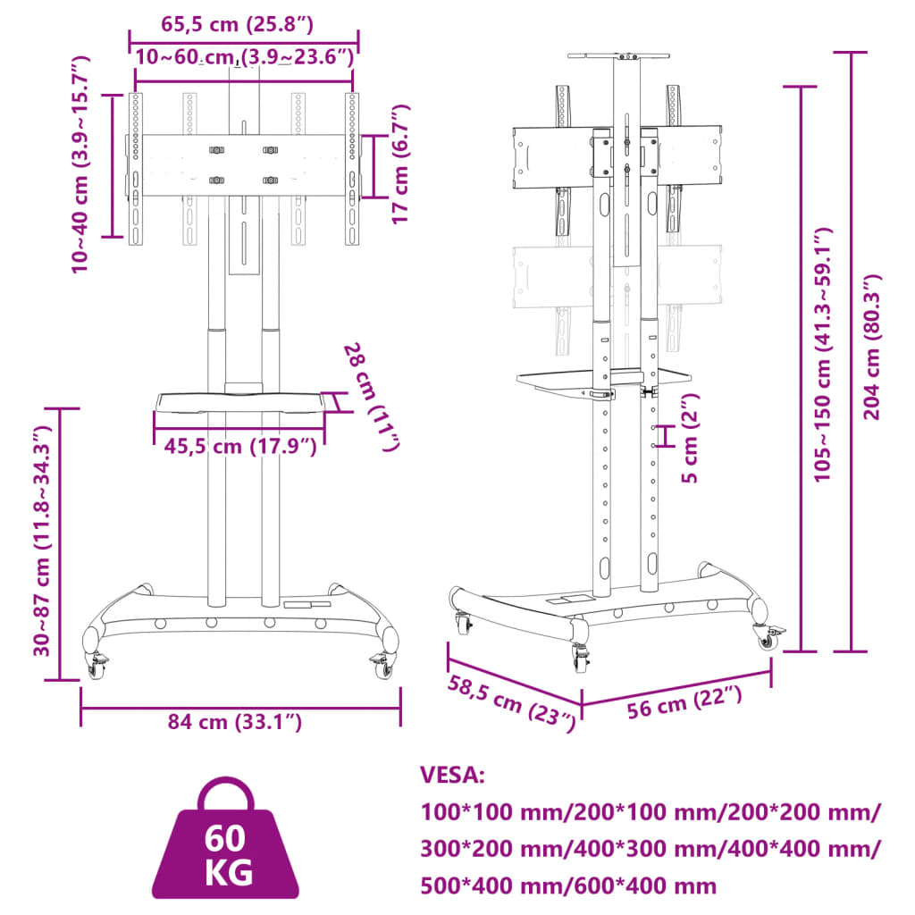 vidaXL ТВ стойка на колелца 32-70 инча екран VESA 600x400 мм 60 кг