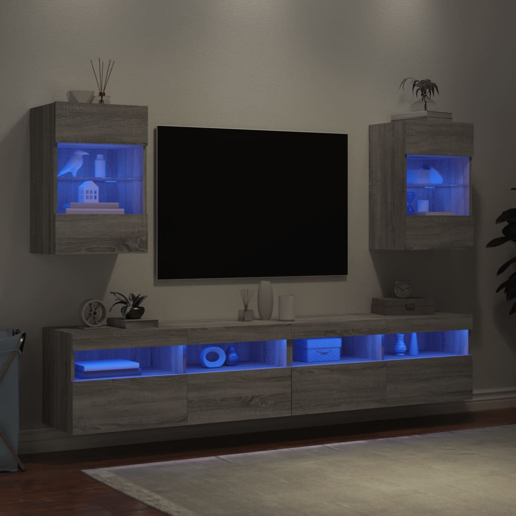 vidaXL Стенни ТВ шкафове с LED лампи, 2 бр, сив сонома, 40x30x60,5 см