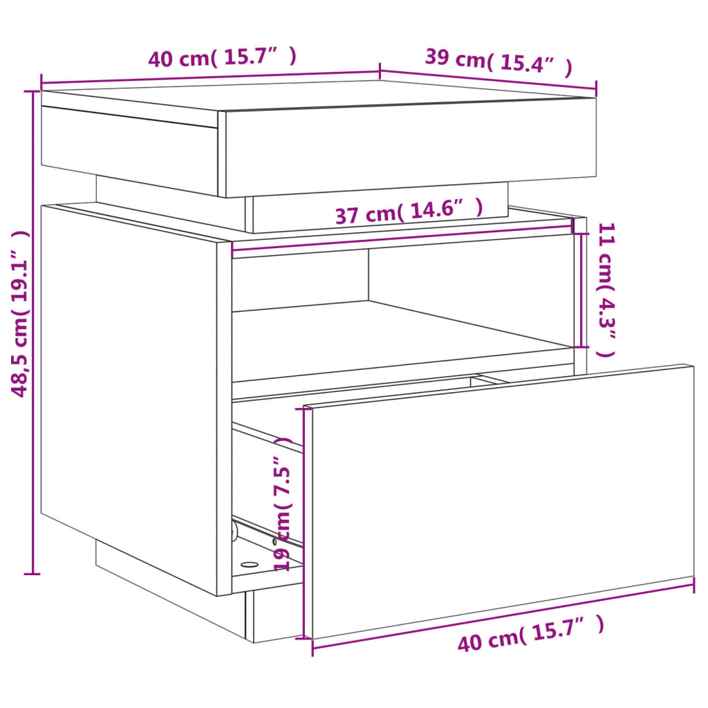 vidaXL Нощно шкафче с LED осветление, черно, 40x39x48,5 см