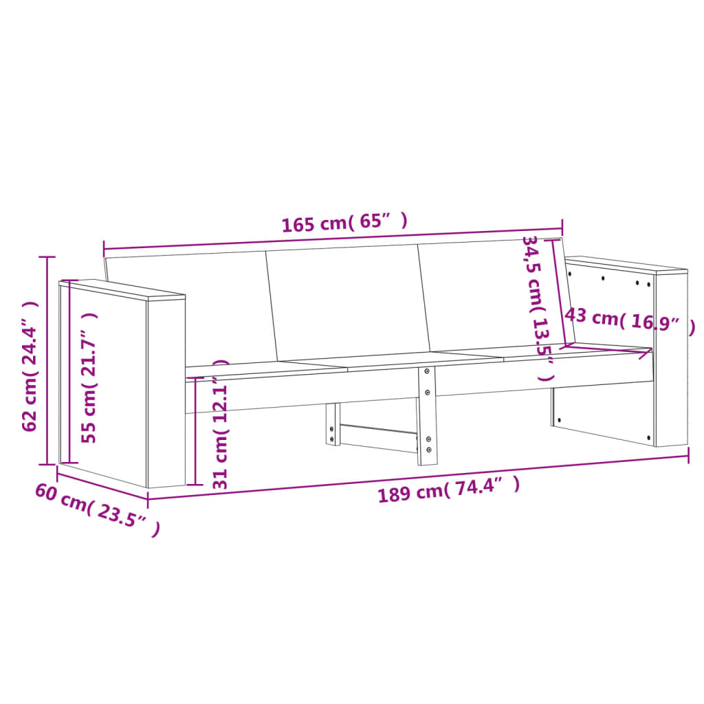 vidaXL Градински диван 3-местен 189x60x62 см бор масив