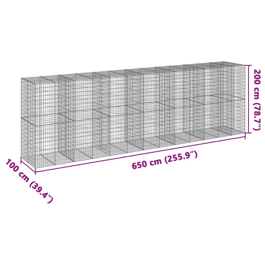 vidaXL Габионна кошница с покритие, 650x100x200 см, поцинковано желязо