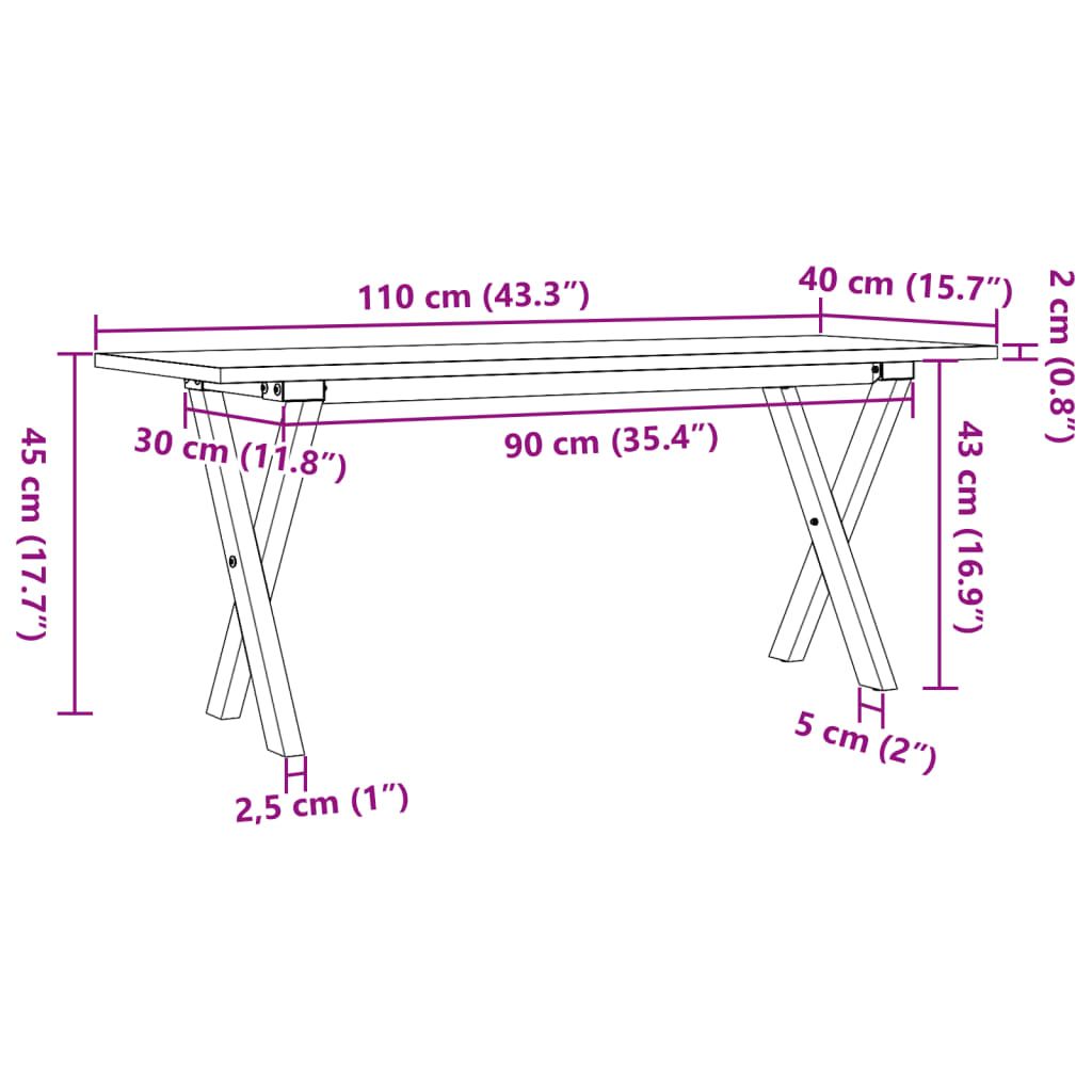 vidaXL Кафе маса X-образна рамка 110x40x45 см бор масив и чугун