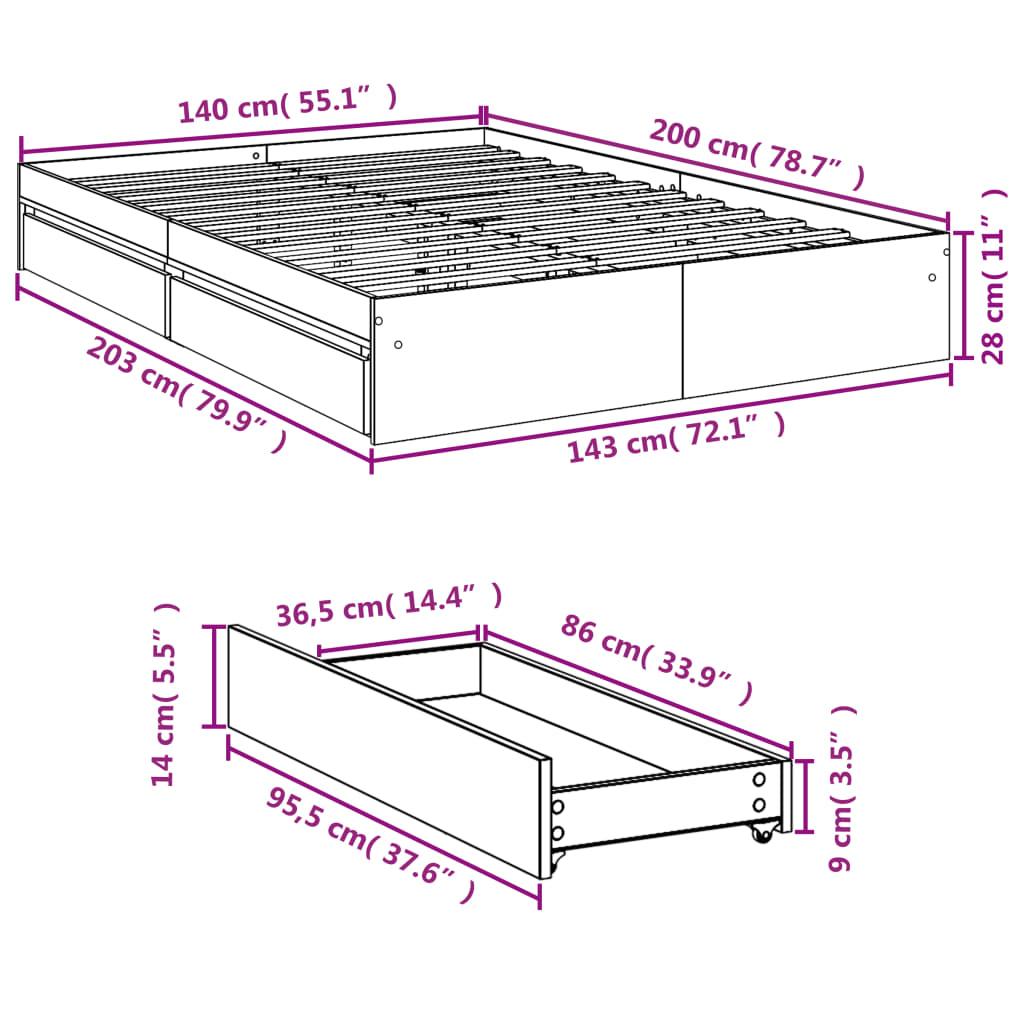 vidaXL Рамка за легло с чекмедже опушен дъб 140x200 см инженерно дърво