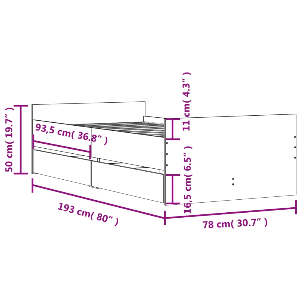 vidaXL Рамка за легло с чекмеджета кафяв дъб 75x190 см Small Single