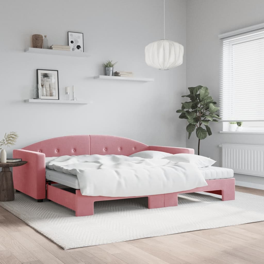vidaXL Канапе с изтеглящо легло и матраци розово 100x200 см кадифе