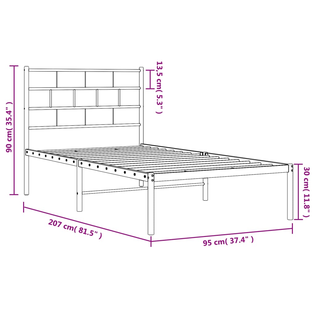 vidaXL Метална рамка за легло с горна табла, черна, 90x200 см