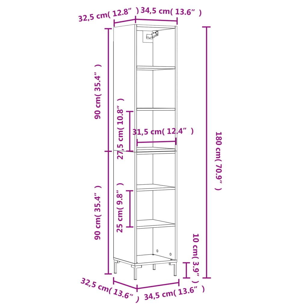 vidaXL Висок шкаф, бял, 34,5x32,5x180 см, инженерно дърво