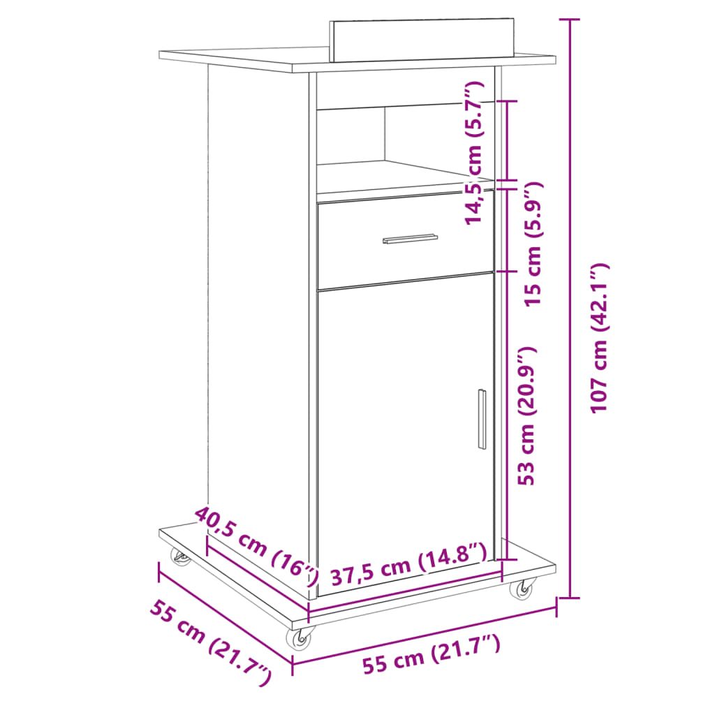 vidaXL Катедра с колелца и чекмедже бял 55x55x107 см инженерно дърво