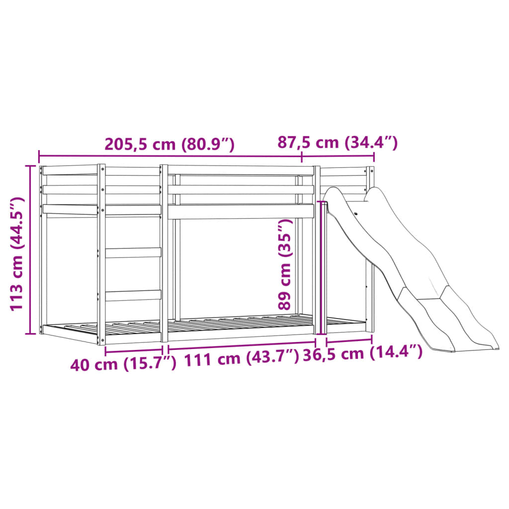 vidaXL Двуетажно легло с пързалка и завеси, бяло и черно, 80x200 см