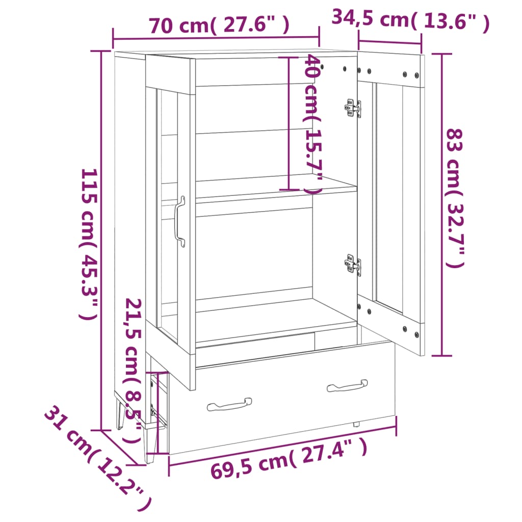 vidaXL Висок шкаф, бял гланц, 70x31x115 см, инженерно дърво