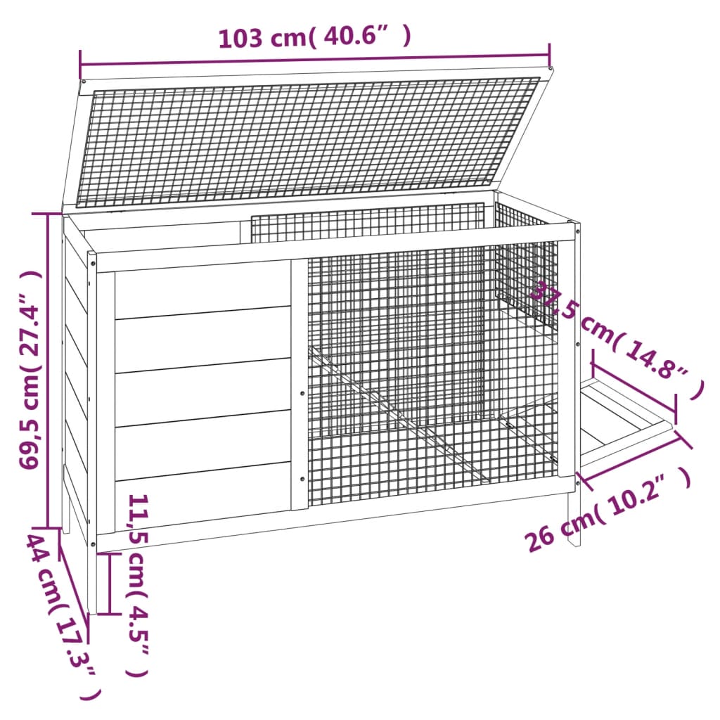 vidaXL Клетка за зайци червена 103x44x69,5 см борово дърво масив