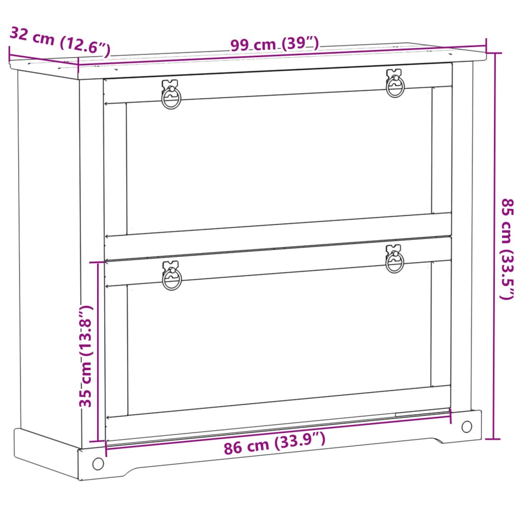 vidaXL Шкаф за обувки "Corona" 99x32x85 см бор масив