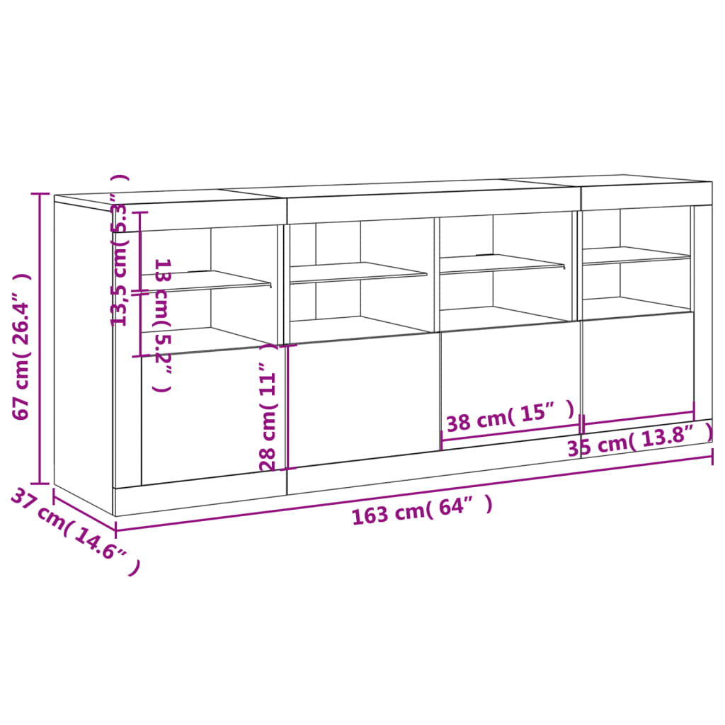 vidaXL Сайдборд с LED светлини, бял, 163x37x67 см