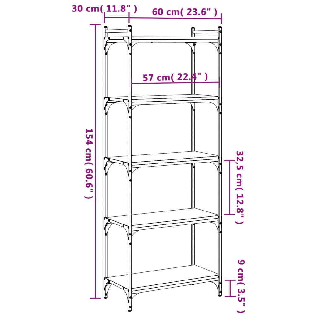 vidaXL Библиотека 5 рафта черна 60x30x154 см инженерно дърво