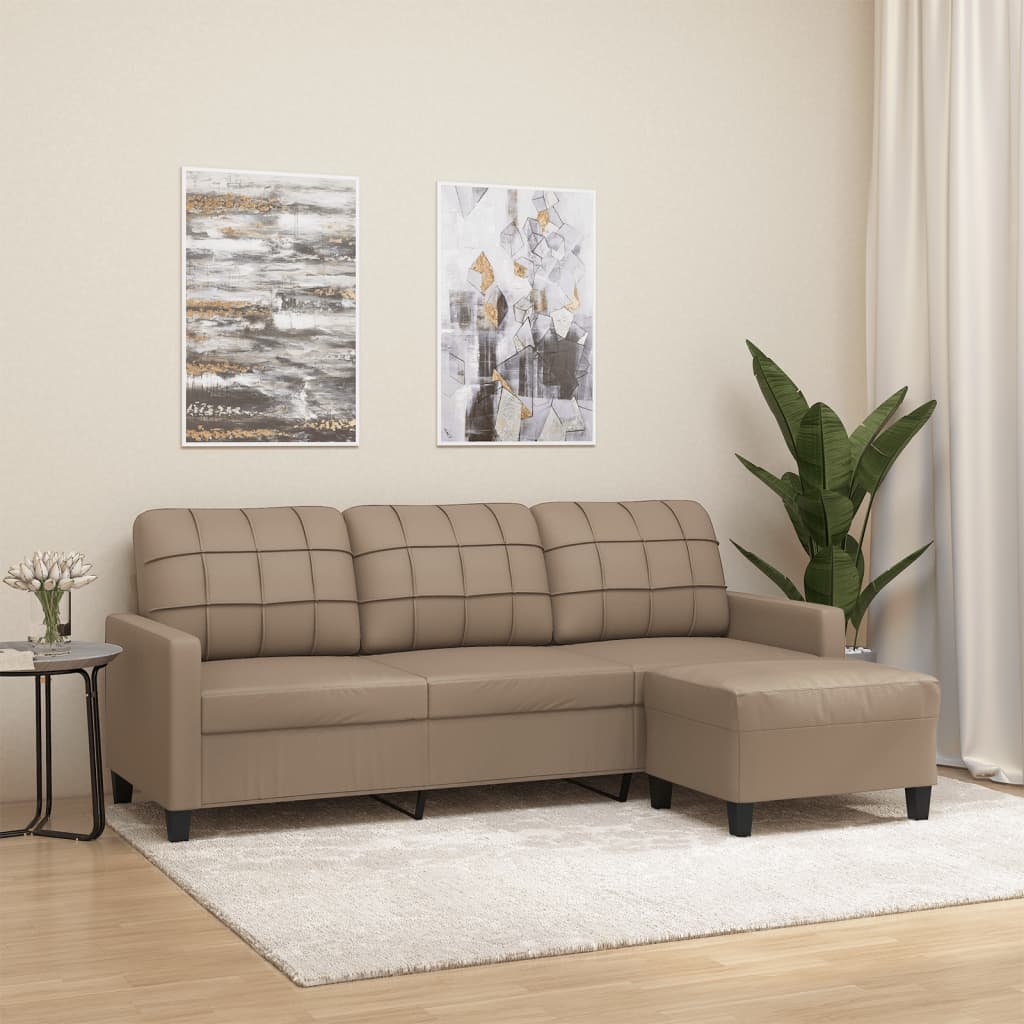 vidaXL 3-местен диван с табуретка, капучино, 180 см, изкуствена кожа