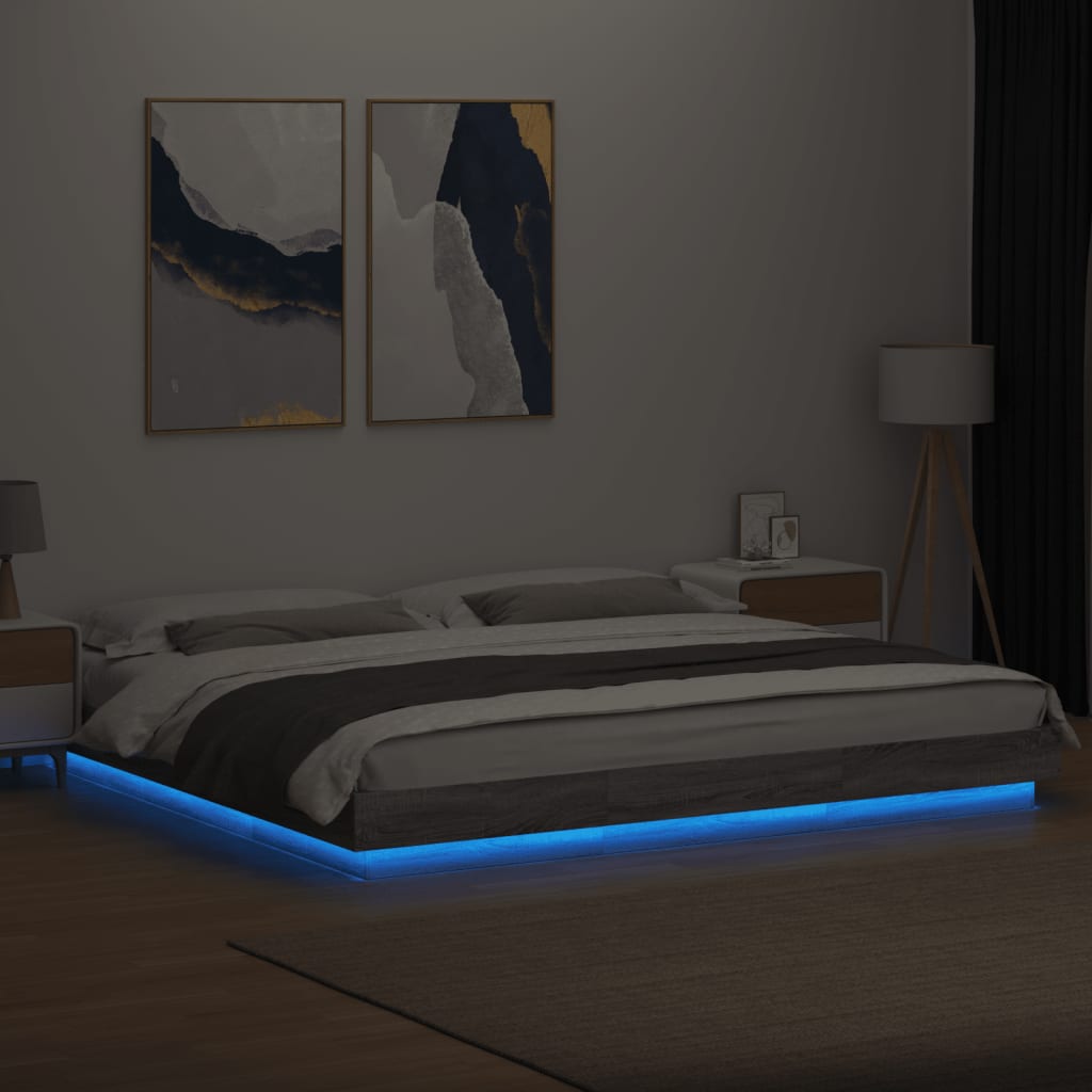 vidaXL Рамка за легло с LED осветление, сив сонома, 180x200 см