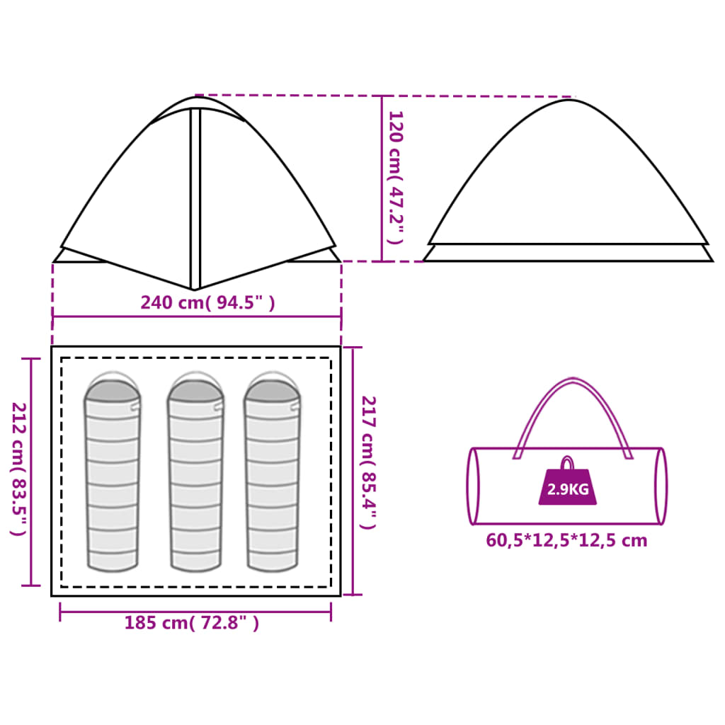 vidaXL Куполна къмпинг палатка, 3-местна, оранжева, водоустойчива