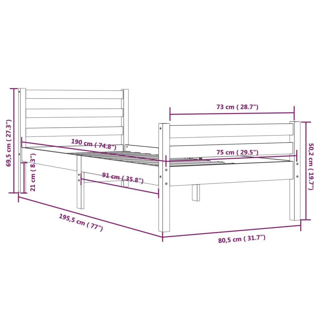 vidaXL Рамка за легло черна дърво масив 75x190 см 2FT6 Small Single